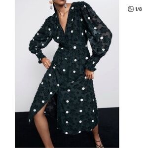 Zara forest green textured polka dot dress